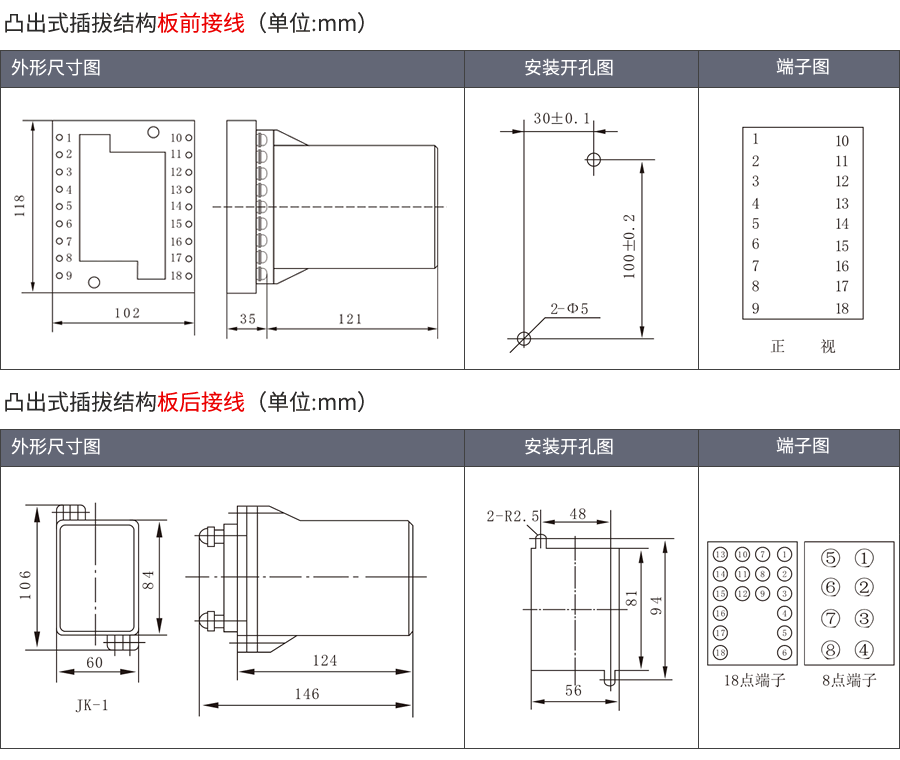RS-10时间继电器凸出式插拔结构外形及接线方式